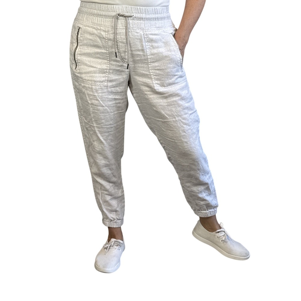 Athleta Cabo Linen Jogger Pant Size 6 Ivory Tide Camo Neutral Minimal Pockets
